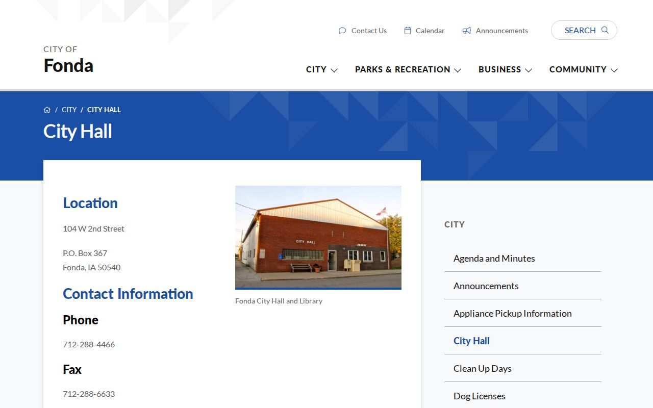 Official Fonda City Hall contact page for city administrative routing