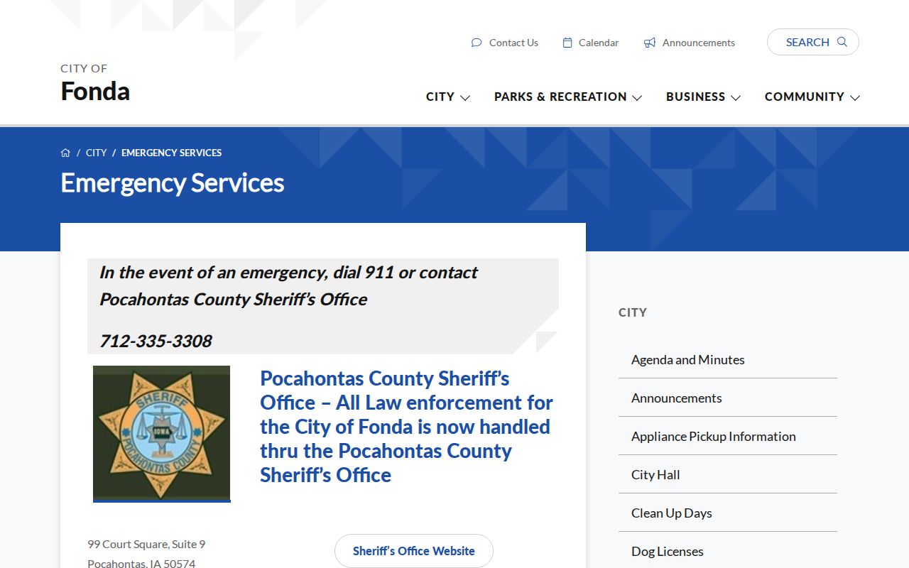 Fonda Emergency Services page directing city law enforcement to the Pocahontas County Sheriff