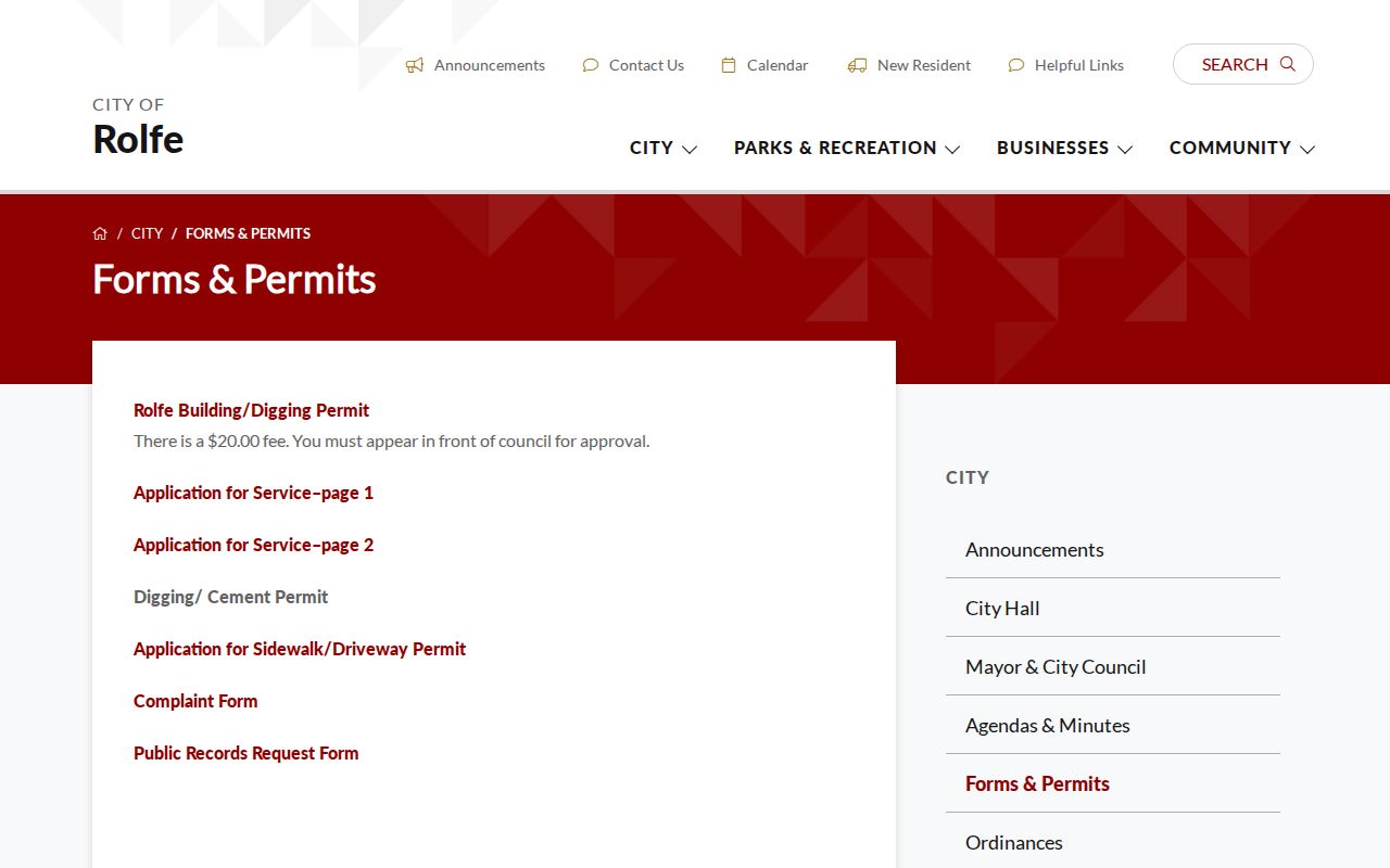 Official Rolfe forms page with a general Public Records Request Form link