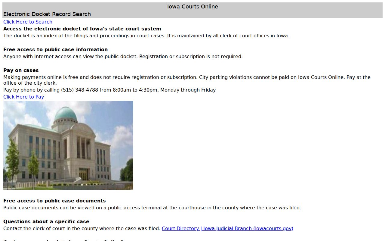 Iowa Courts Online public search interface used for Pocahontas County court records